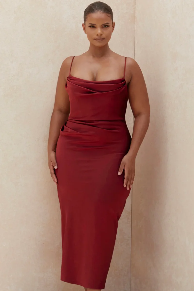 House Of CB Nera Wine Red Corseted Satin Midi Dress - Imagen 3