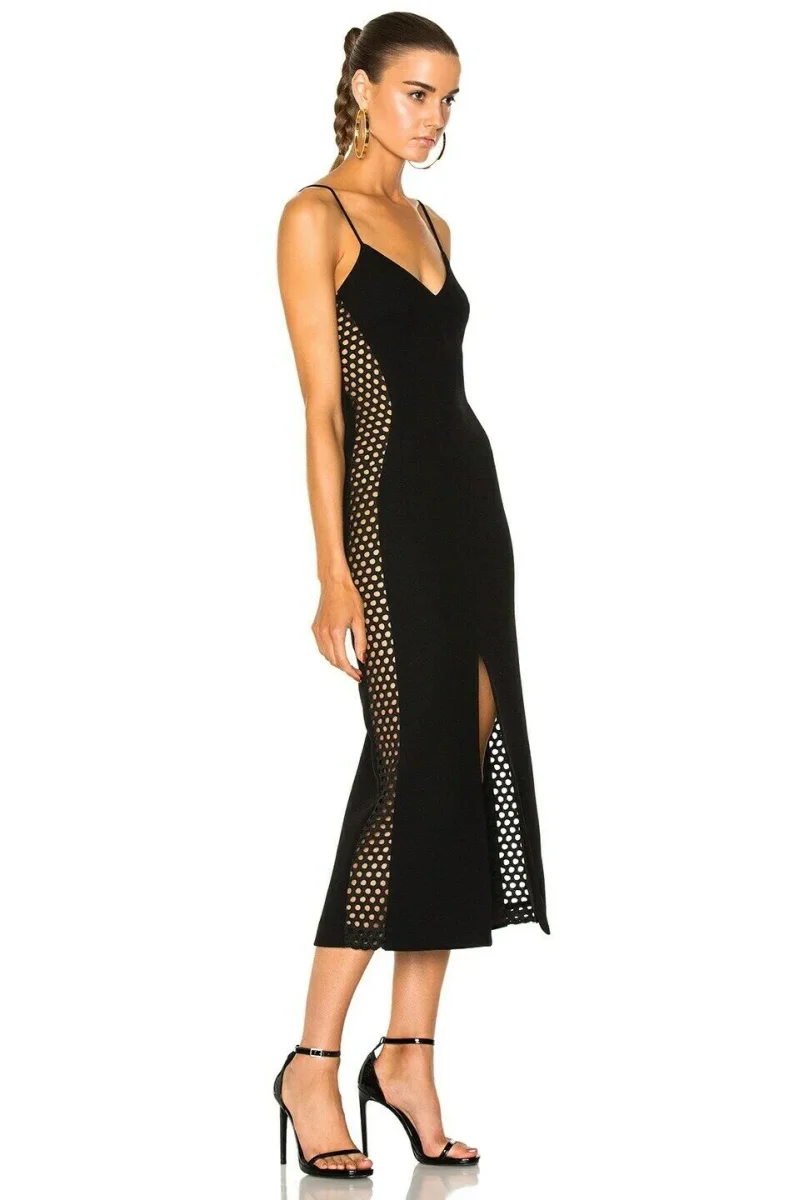 DAVID KOMA Side Panel Midi Slit Leg Black Strappy Dress - Imagen 4