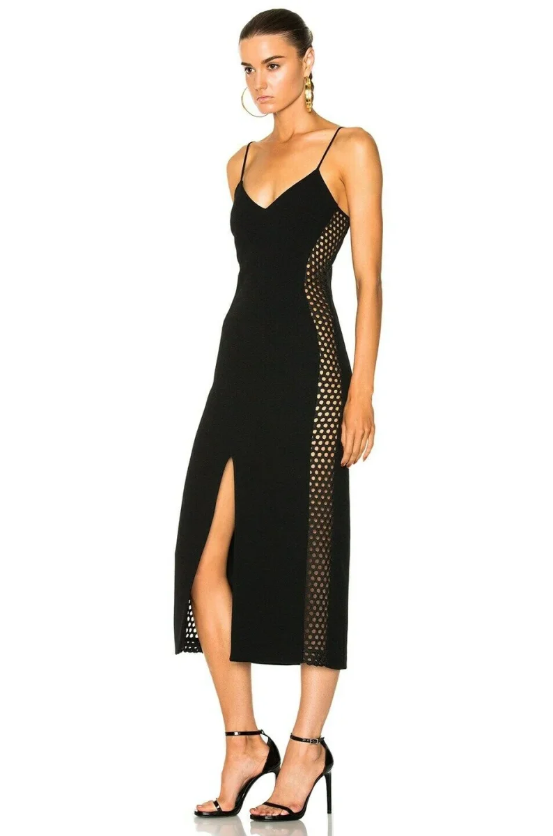 DAVID KOMA Side Panel Midi Slit Leg Black Strappy Dress - Imagen 3