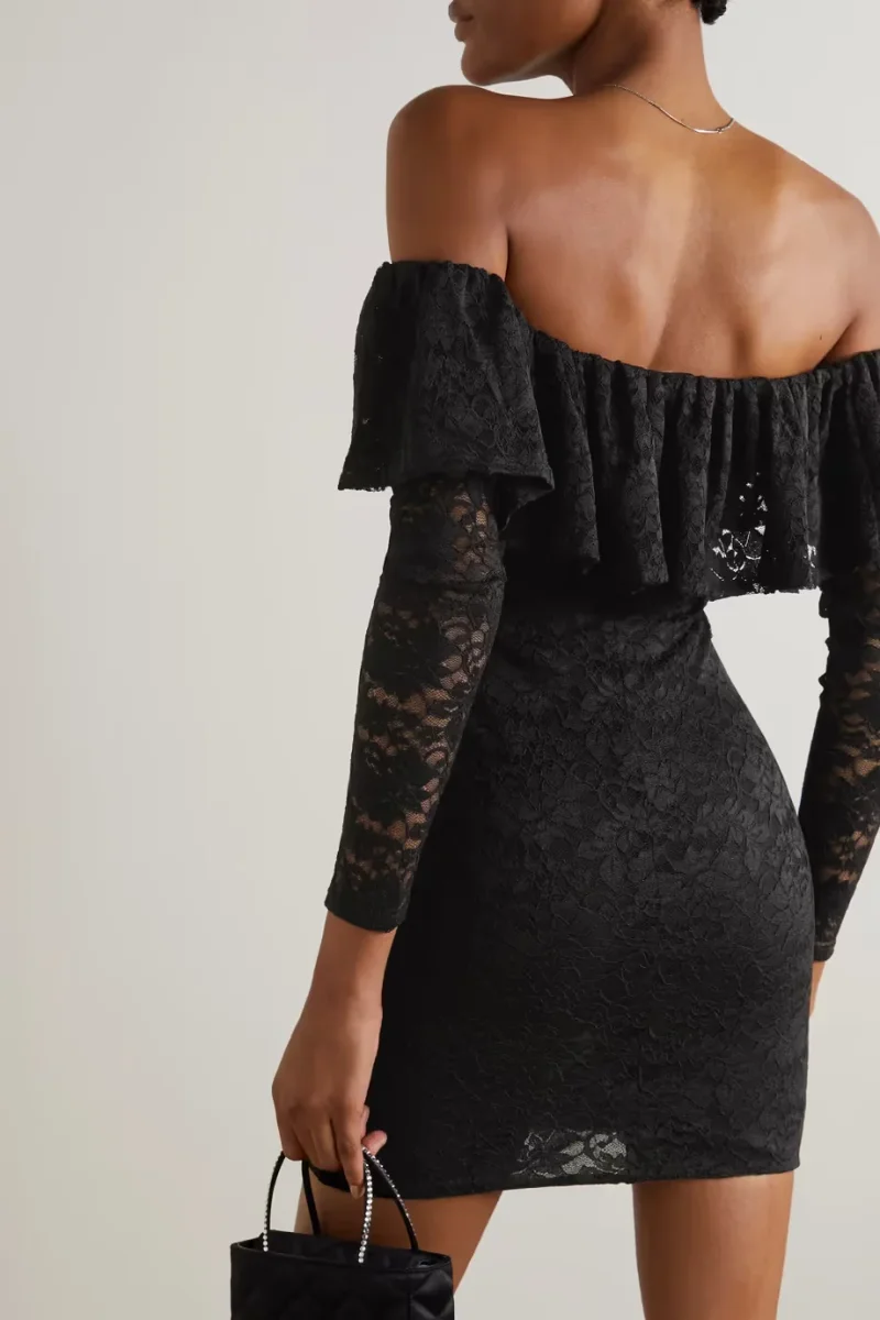 CAROLINE CONSTAS Alessia Black Floral Lace Off Shoulder Mini Dress - Imagen 4