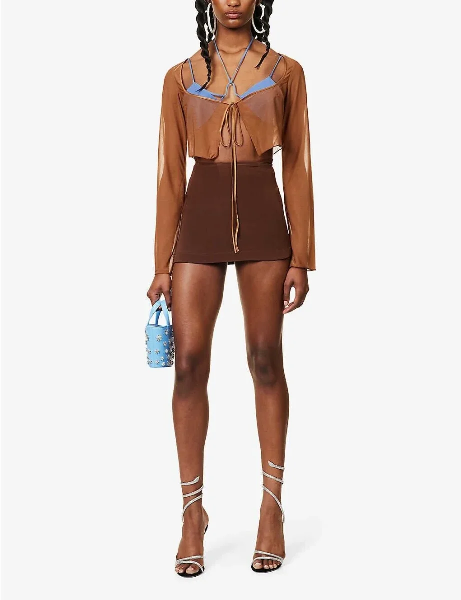 MIRROR PALAIS Caramel Brown Sheer Silk Tie Corset Cover Top - Imagen 6