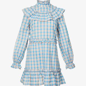 GANNI Prairie Pink Blue Gingham Check Seersucker Ruffle High Neck Dress
