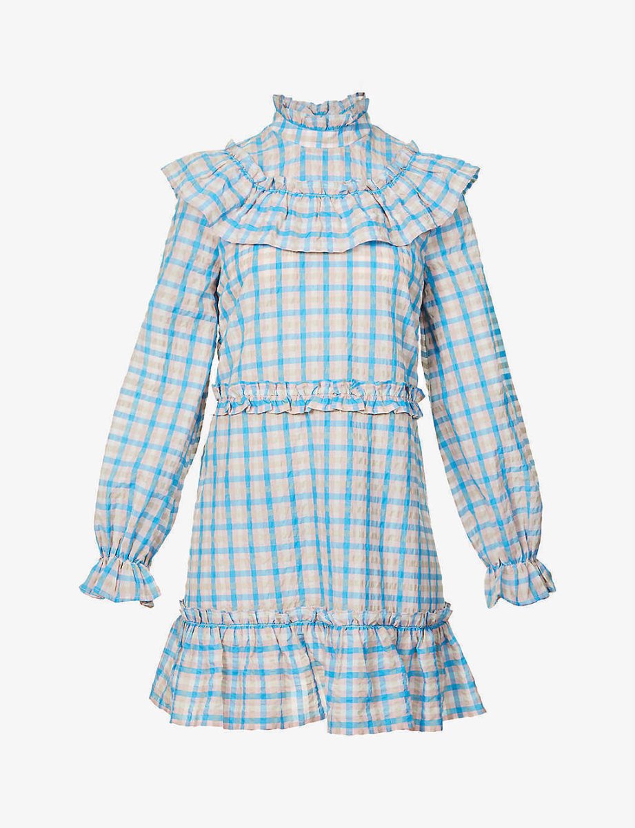 GANNI Prairie Pink Blue Gingham Check Seersucker Ruffle High Neck Dress