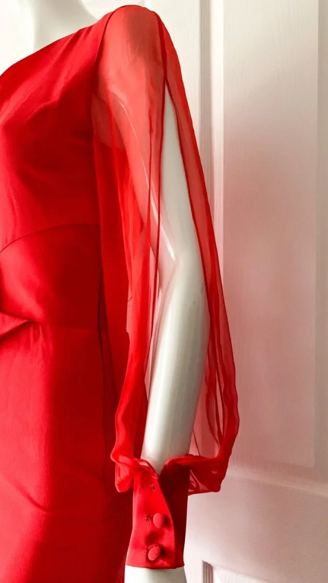 LANVIN Red Sheer Sleeve Drape Detail Long Gown - Imagen 9