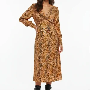 Ganni Leopard Print Ruffle Collar Detail Crepe Midi Dress