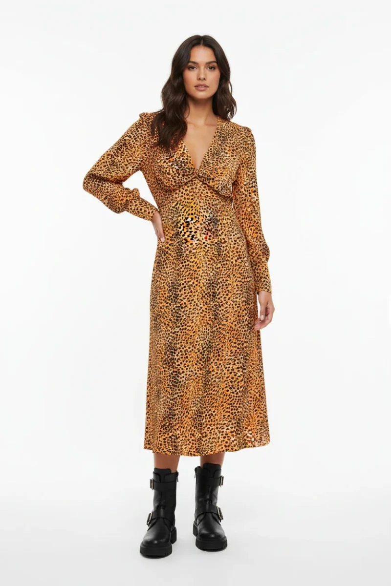 Ganni Leopard Print Ruffle Collar Detail Crepe Midi Dress