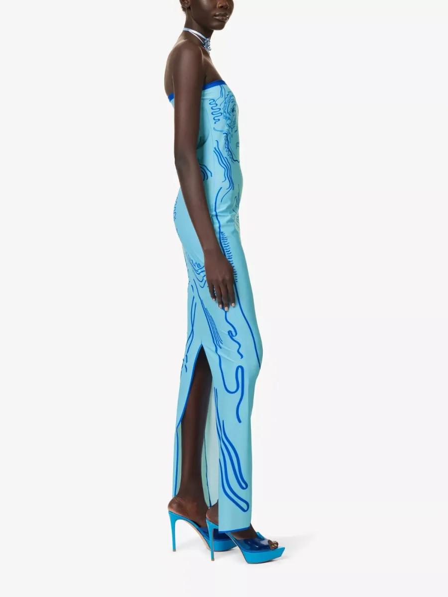DI PETSA Venus Graphic Print Stretch Blue Tube Greek Goddess Midi Dress - Imagen 6