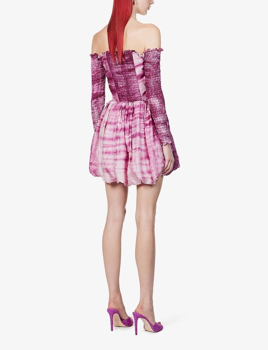 CLIO PEPPIATT Pink Tie Dye Puff Petal Ruched Off Shoulder Silk Melva Dress - Imagen 6