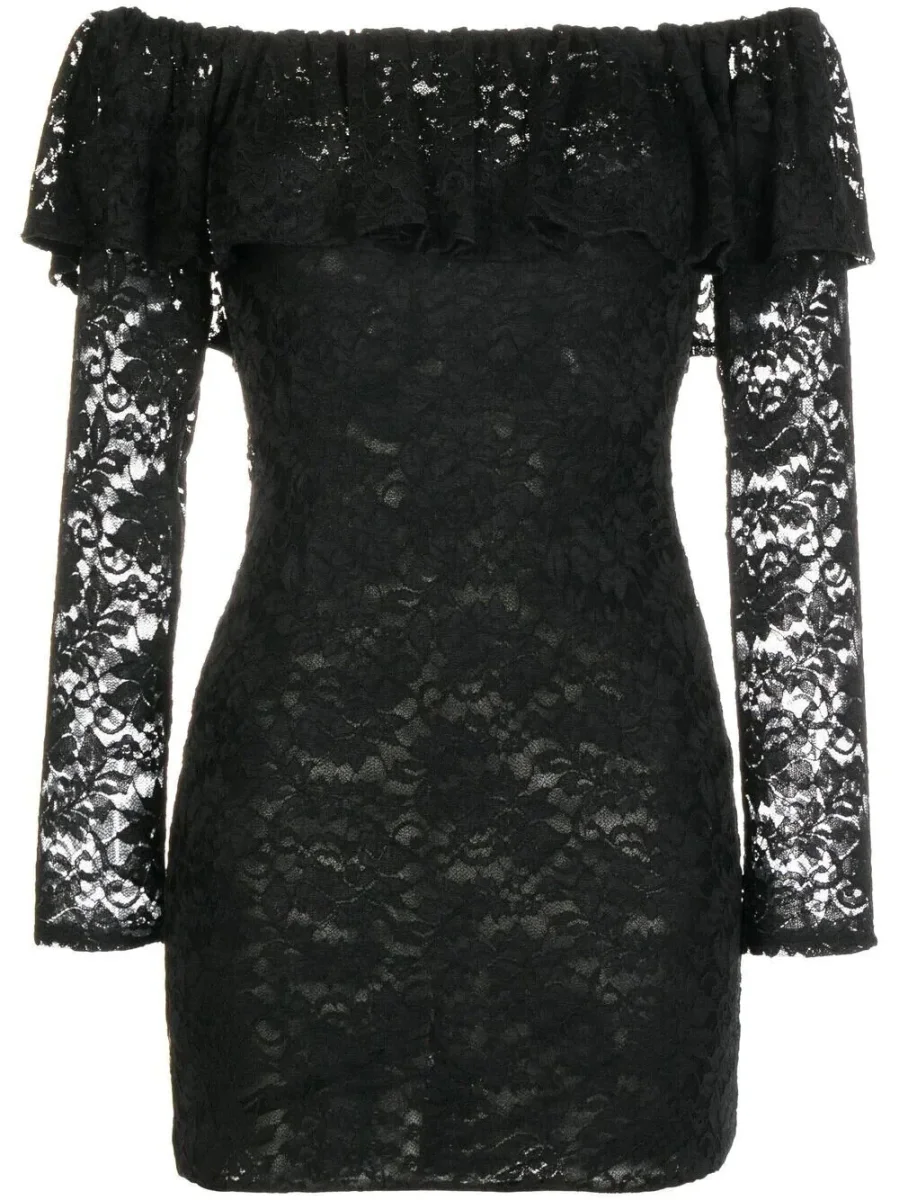 CAROLINE CONSTAS Alessia Black Floral Lace Off Shoulder Mini Dress