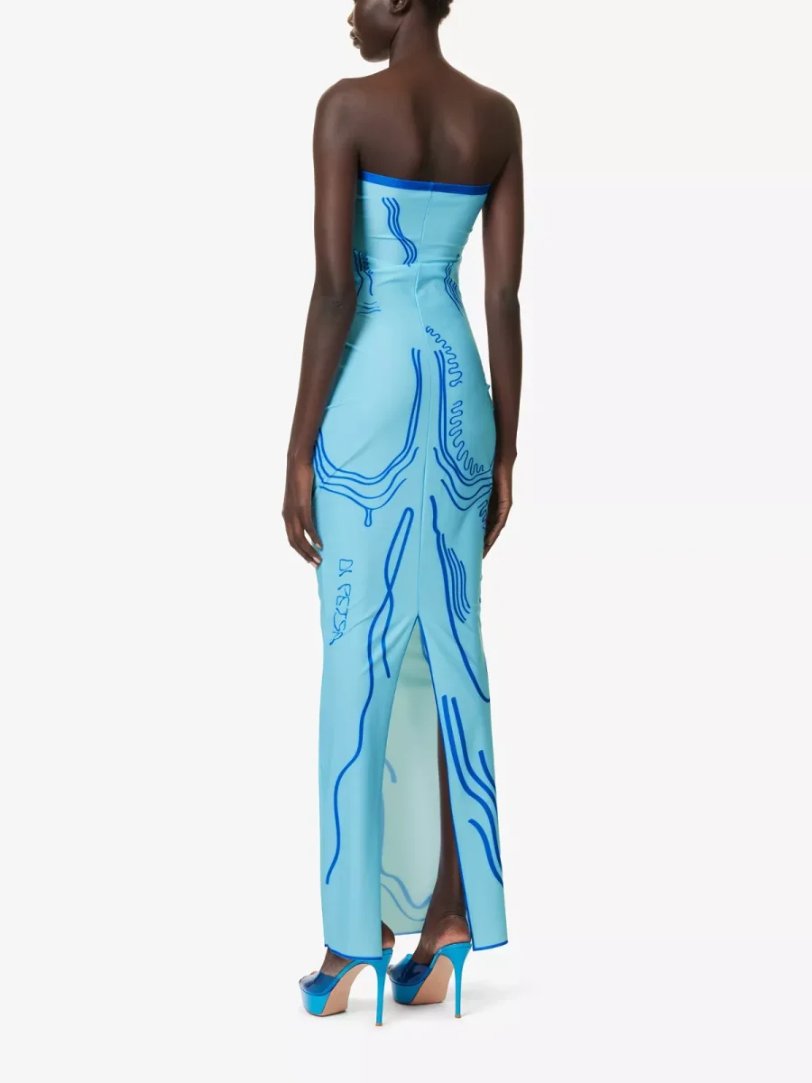 DI PETSA Venus Graphic Print Stretch Blue Tube Greek Goddess Midi Dress - Imagen 4