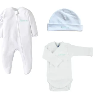 Caja Pack nacimiento body cruzado, pijama y gorrito nombre