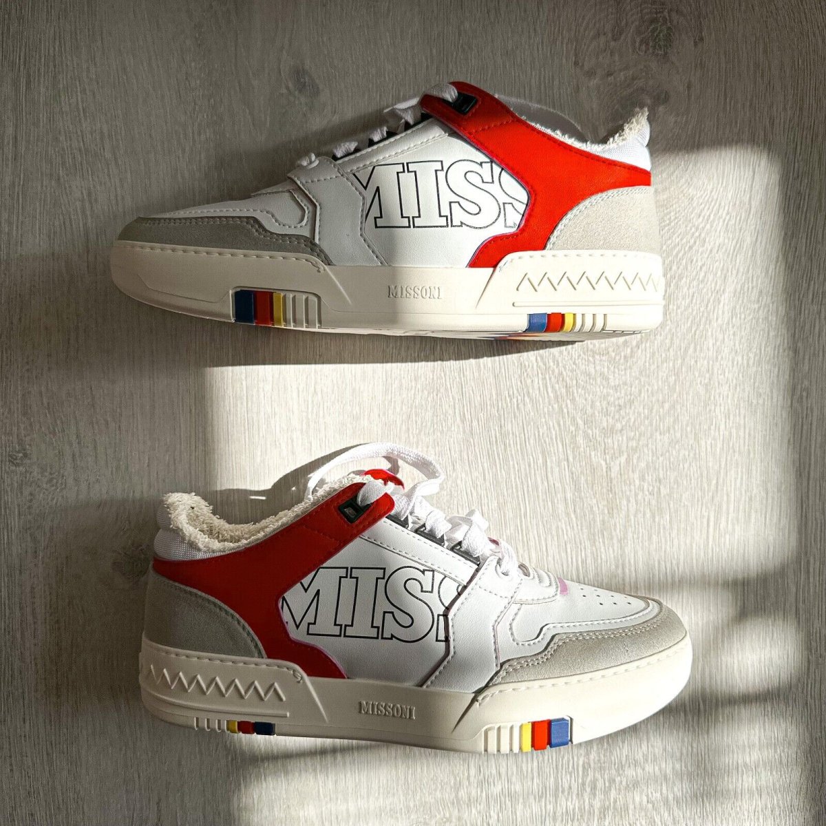 MISSONI Logo 90 White Red Trainers Sneakers + Chevron Bag - Imagen 7