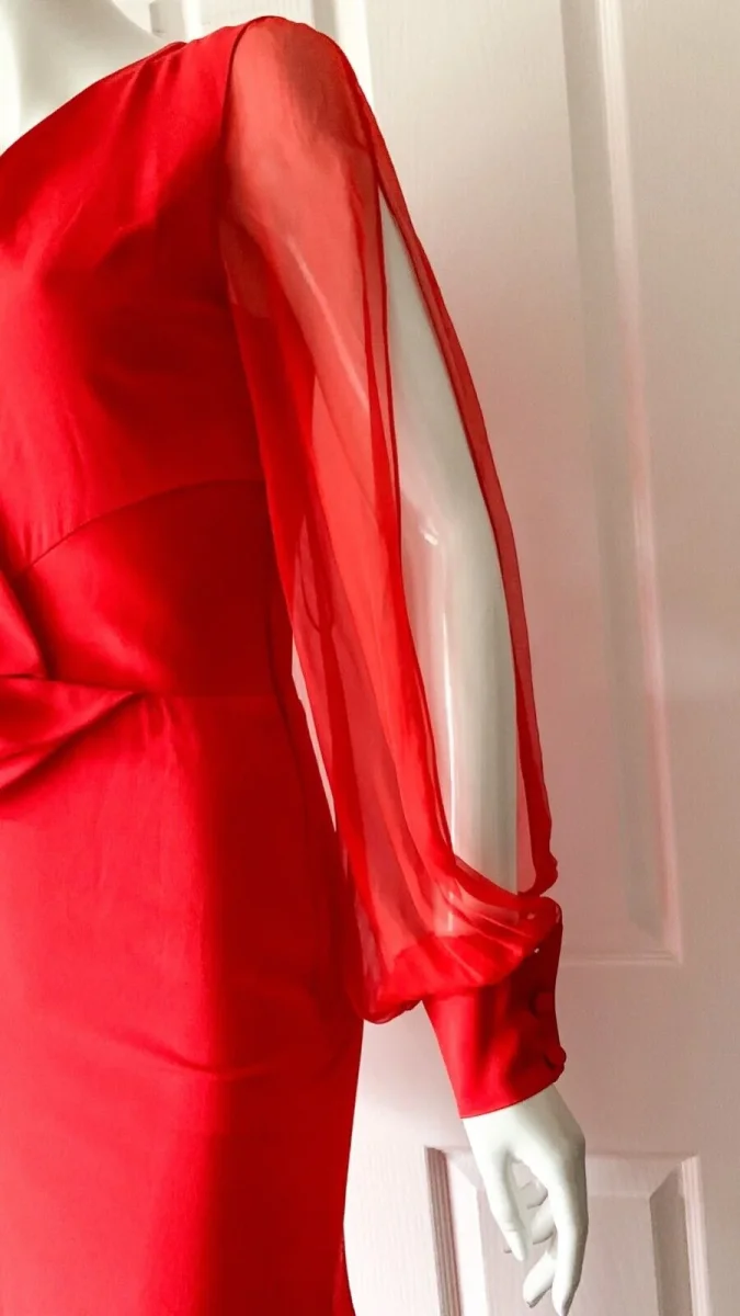 LANVIN Red Sheer Sleeve Drape Detail Long Gown - Imagen 5