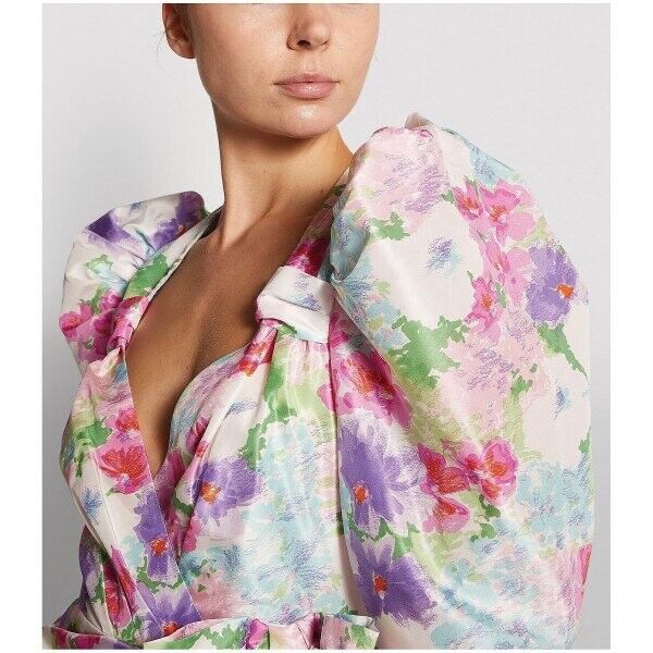 Alessandra Rich Floral Print Taffeta Bow Front Ruffle Detail Mini Dress - Imagen 4