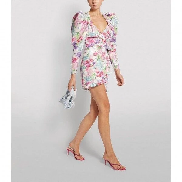Alessandra Rich Floral Print Taffeta Bow Front Ruffle Detail Mini Dress - Imagen 3