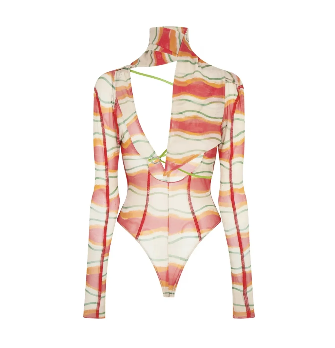 JACQUEMUS Orange Le Raphia Le Body Abanaba Sheer Cut Out Sexy Bodysuit - Imagen 6