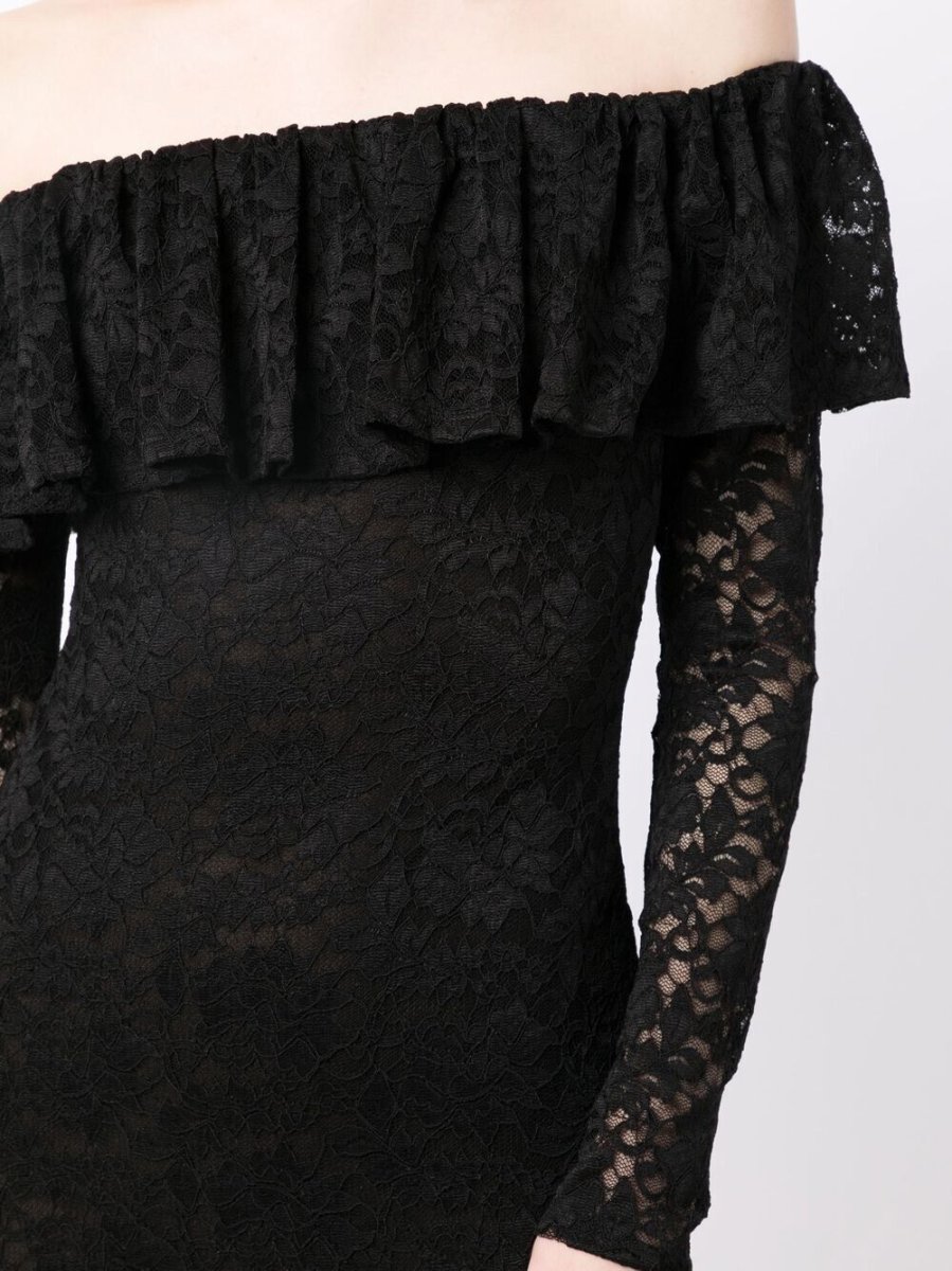 CAROLINE CONSTAS Alessia Black Floral Lace Off Shoulder Mini Dress - Imagen 8