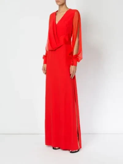 LANVIN Red Sheer Sleeve Drape Detail Long Gown - Imagen 3