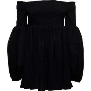 Chloe Black Wool Off Shoulder Balloon Sleeve Blouse
