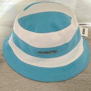JACQUEMUS Logo Embossed Blue White Stripe Bucket Hat Le Bob Rayures