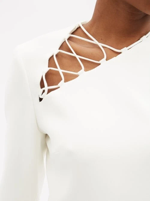 DAVID KOMA White Lace-Up Detail Crepe One Shoulder Midi Dress - Imagen 5