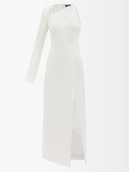 DAVID KOMA White Lace-Up Detail Crepe One Shoulder Midi Dress - Imagen 2