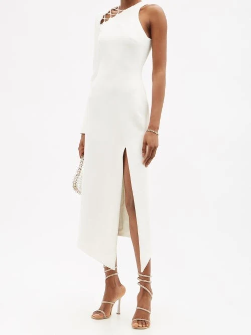 DAVID KOMA White Lace-Up Detail Crepe One Shoulder Midi Dress - Imagen 3