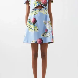 Kika Vargas Blue Floral Print Taffeta Cut-Out Mini Dress