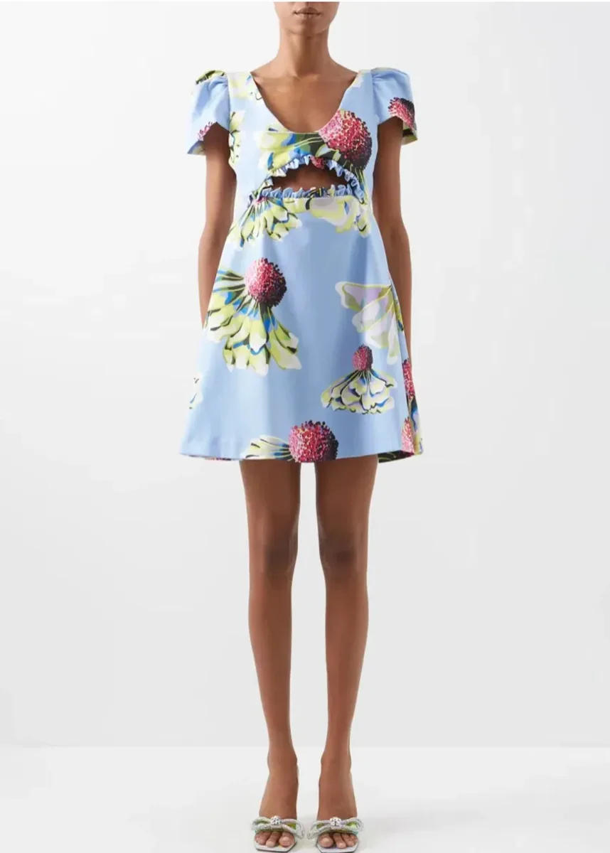 Kika Vargas Blue Floral Print Taffeta Cut-Out Mini Dress