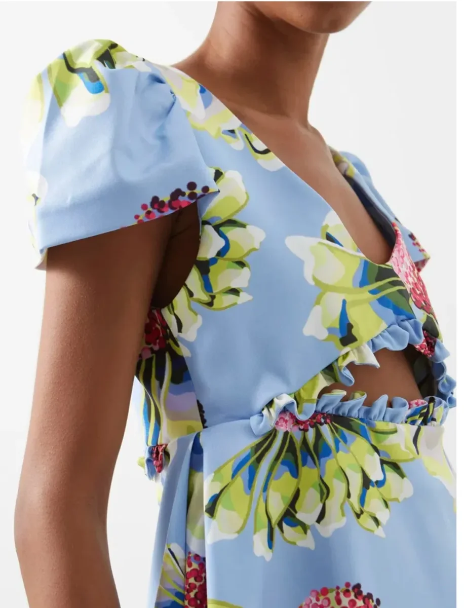 Kika Vargas Blue Floral Print Taffeta Cut-Out Mini Dress - Imagen 3