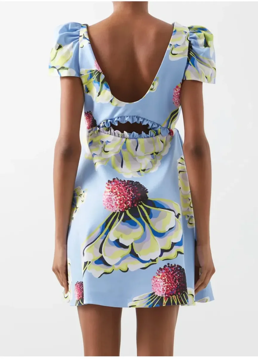 Kika Vargas Blue Floral Print Taffeta Cut-Out Mini Dress - Imagen 4
