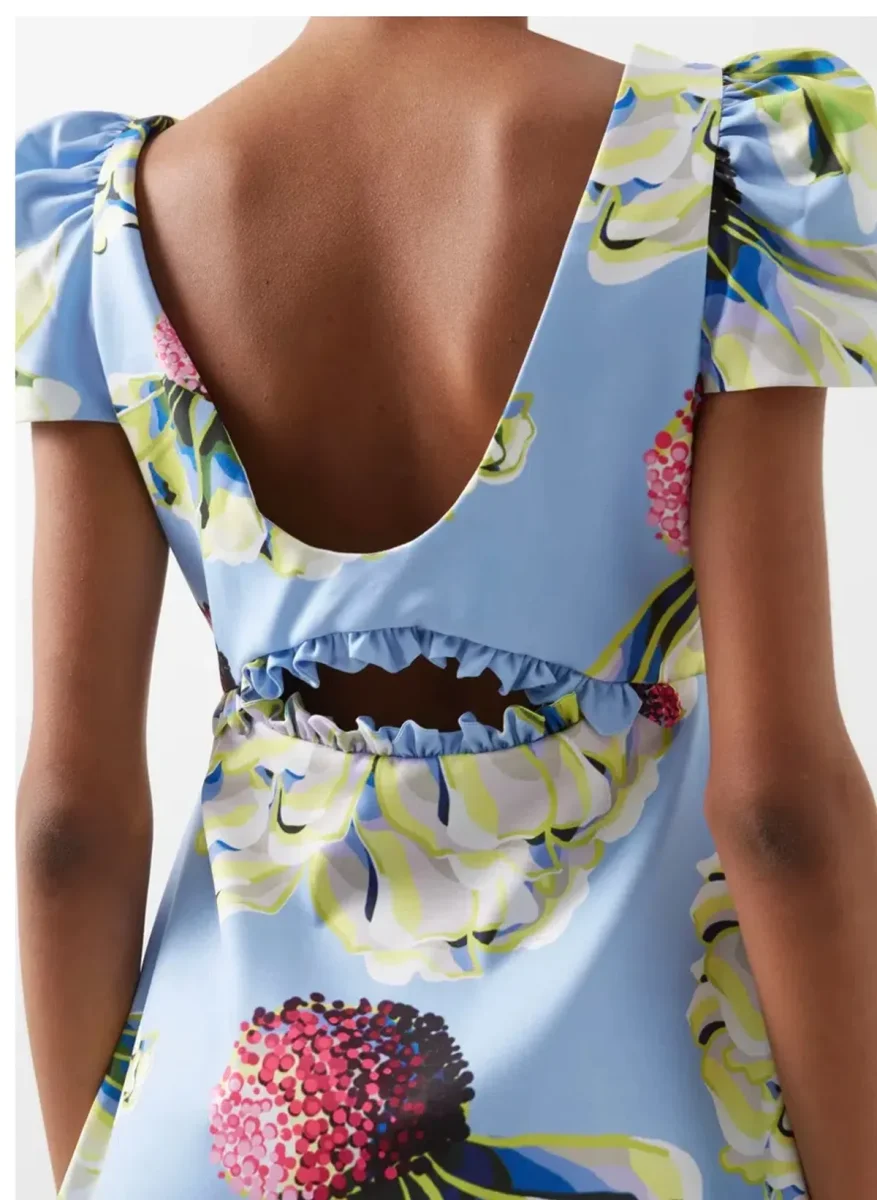 Kika Vargas Blue Floral Print Taffeta Cut-Out Mini Dress - Imagen 5