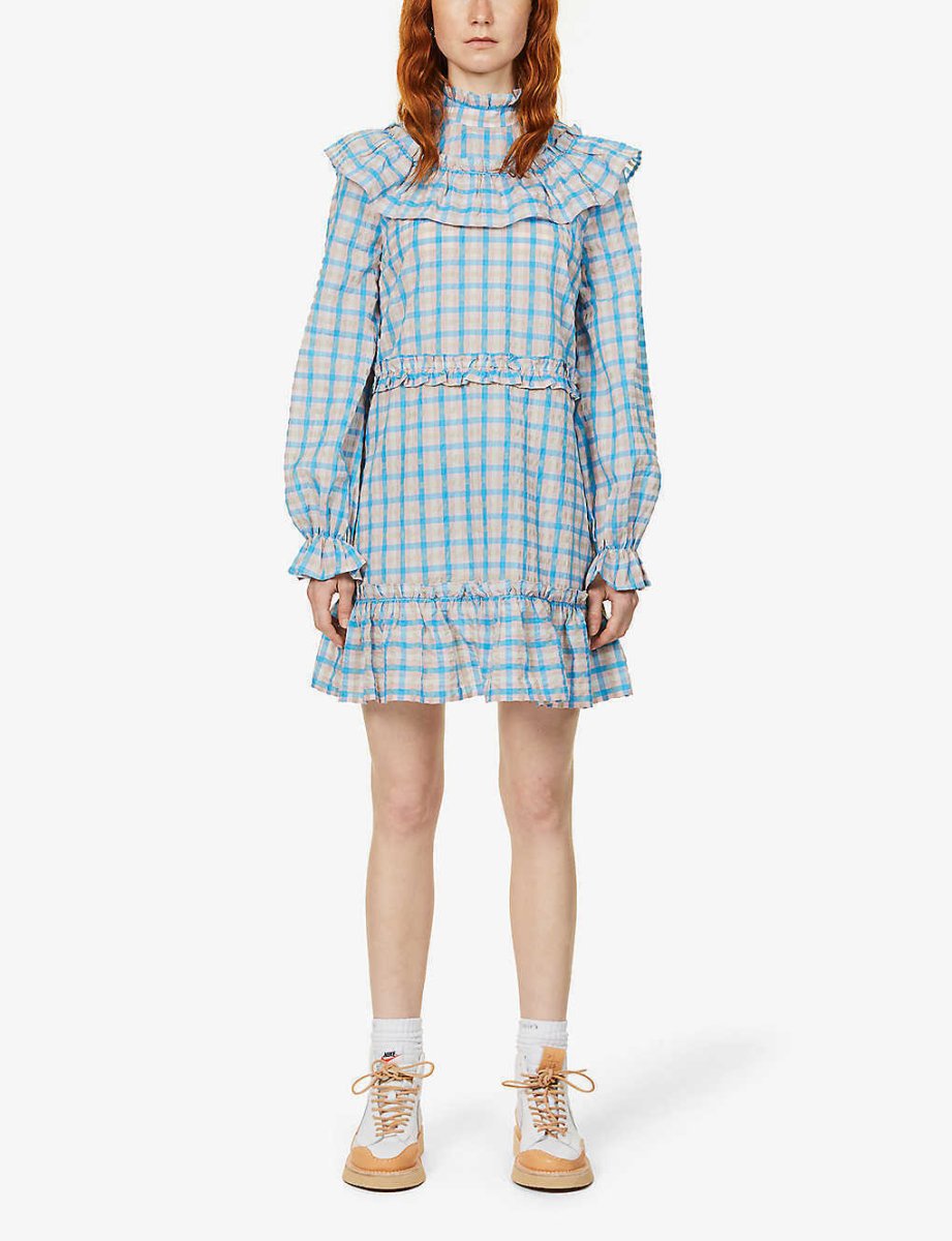 GANNI Prairie Pink Blue Gingham Check Seersucker Ruffle High Neck Dress - Imagen 5