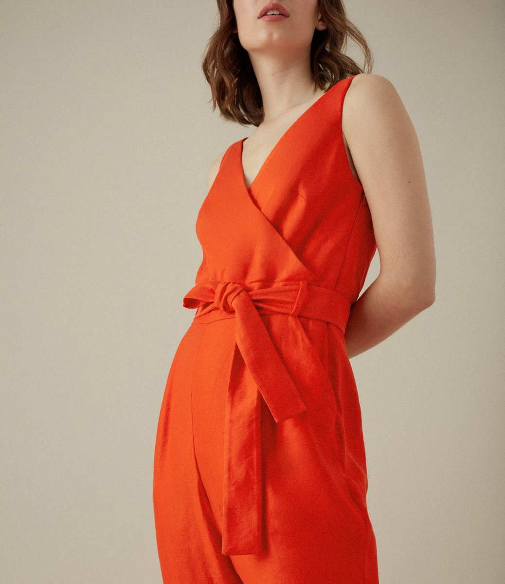 Karen Millen Orange Cinched Waist V Neck Linen Blend Jumpsuit - Imagen 3