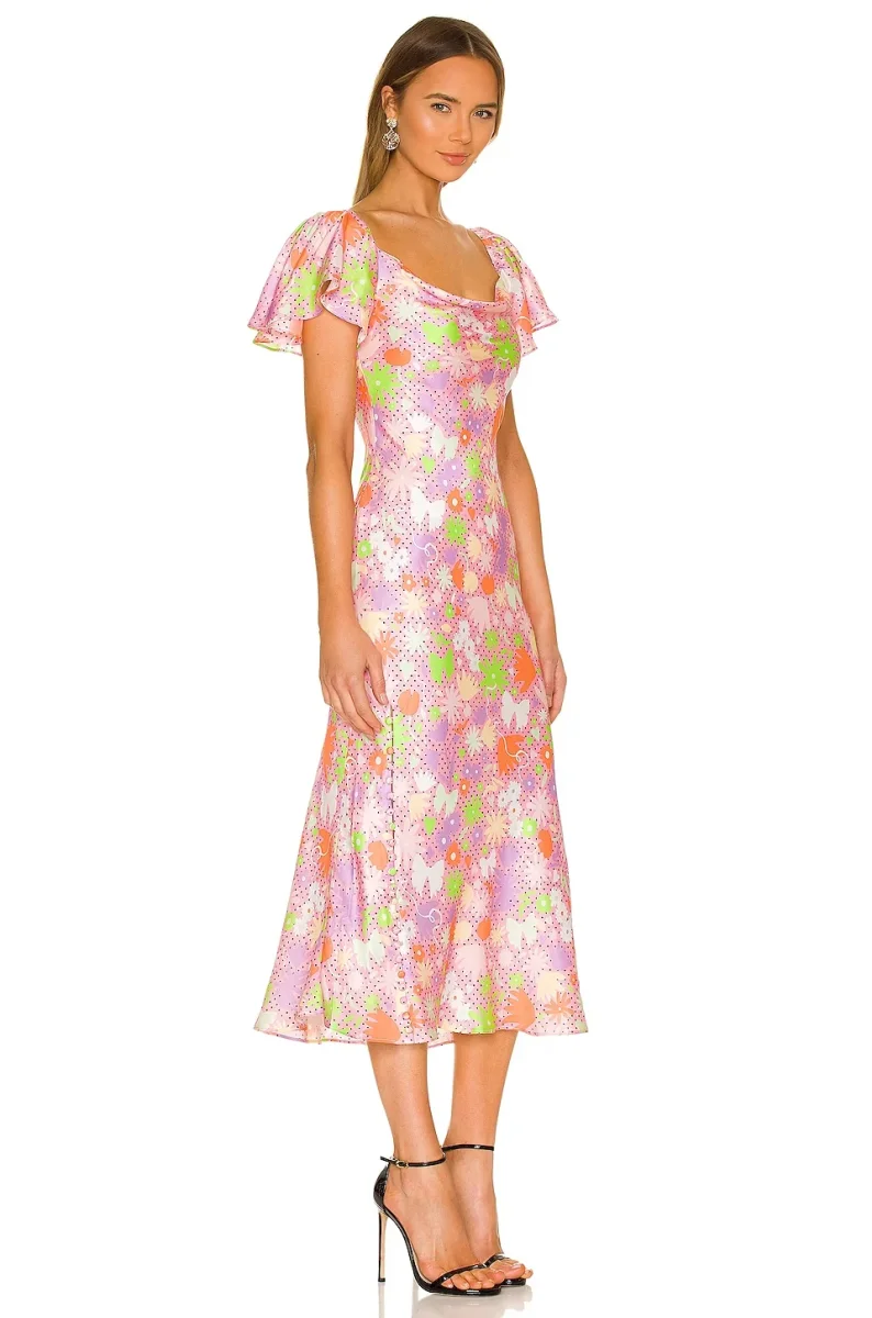 OLIVIA RUBIN Pink Satin Floral Polka Dot Amelia Midi Dress - Imagen 3