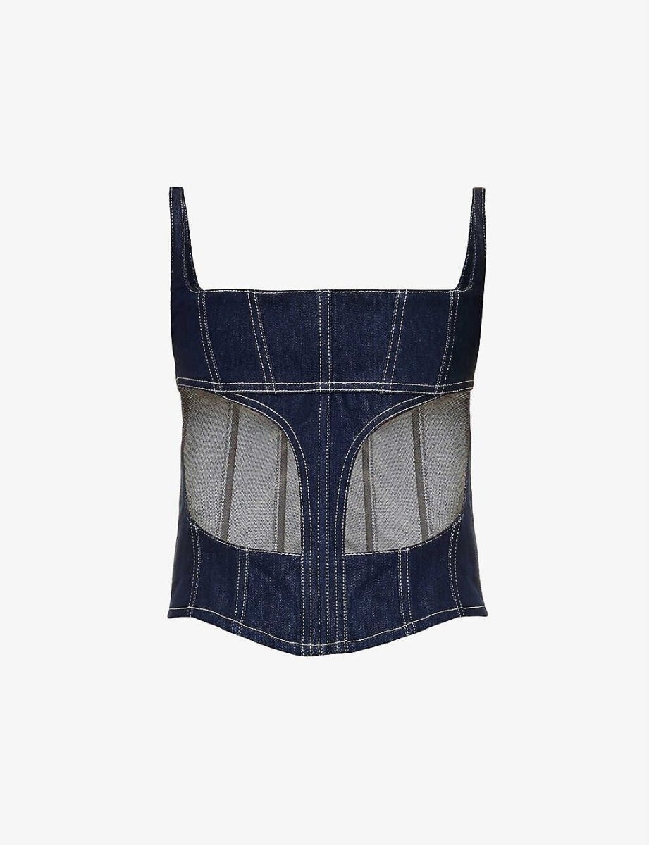 MUGLER Denim Cut-Out Detail Square Neck Corset Top - Imagen 5