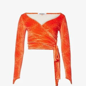 MAISIE WILEN Dramady Orange Abstract Print Velour Wrap Top