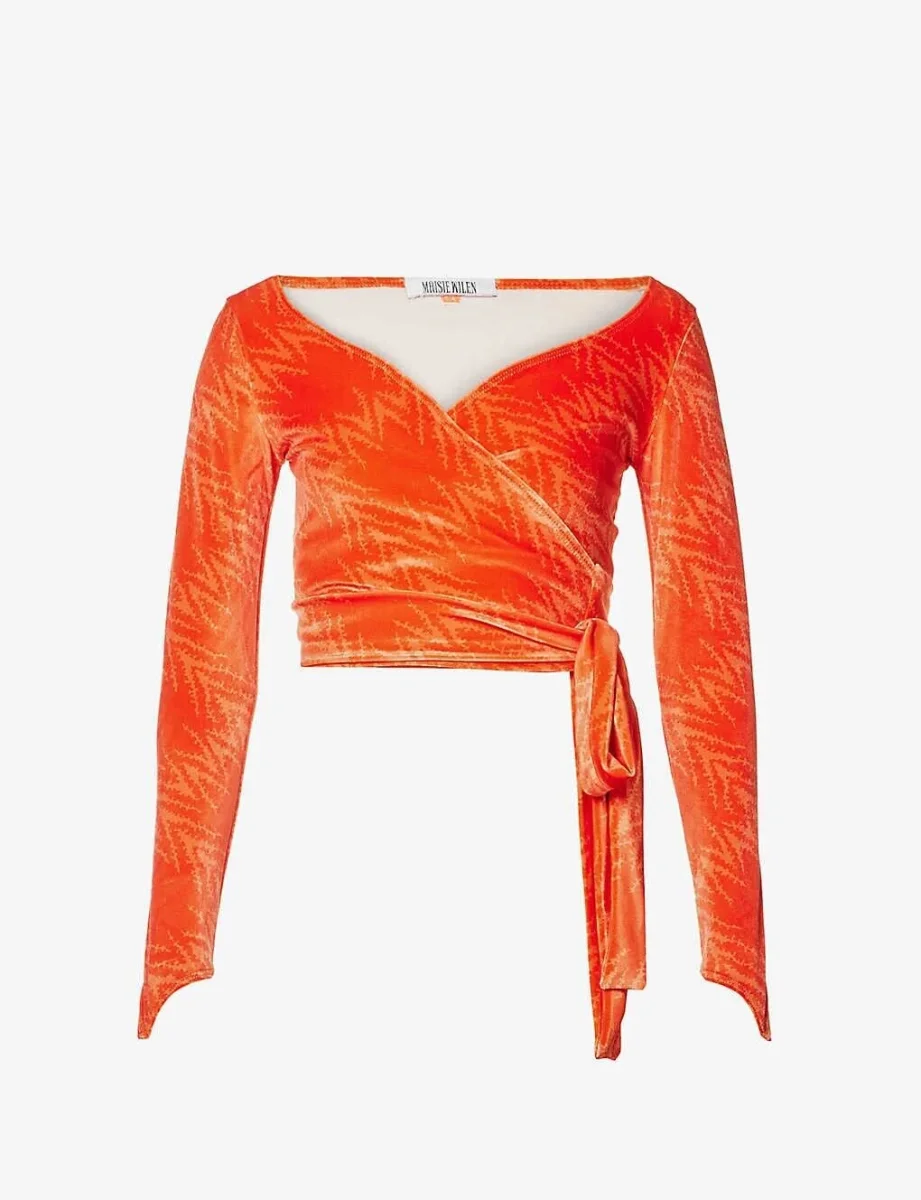 MAISIE WILEN Dramady Orange Abstract Print Velour Wrap Top - Imagen 2