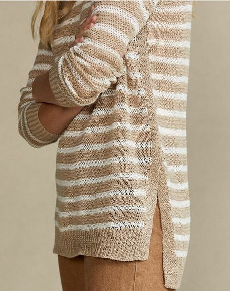 Polo Ralph Lauren Brown Linen White Striped Knit Sweater Jumper - Imagen 3