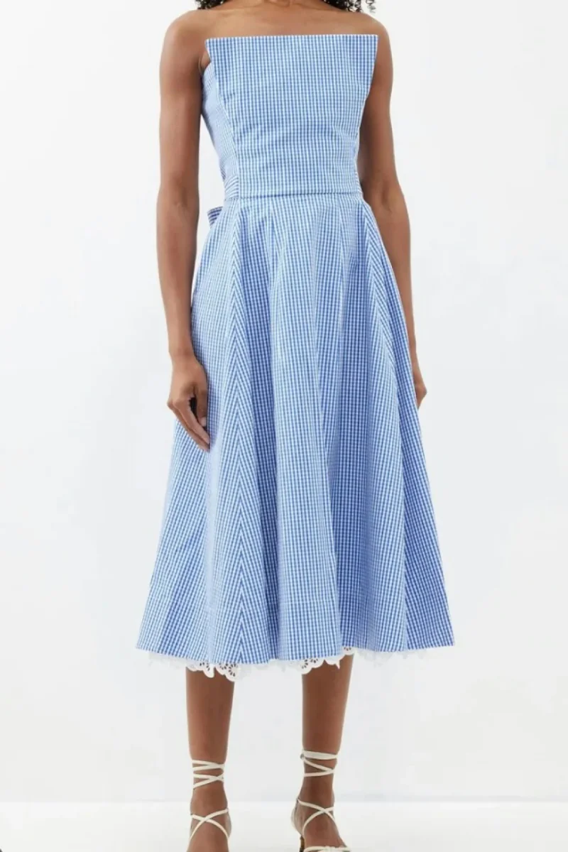 The Vampire's Wife The Good Witch Blue Gingham Flared Strapless Midi Dress - Imagen 9