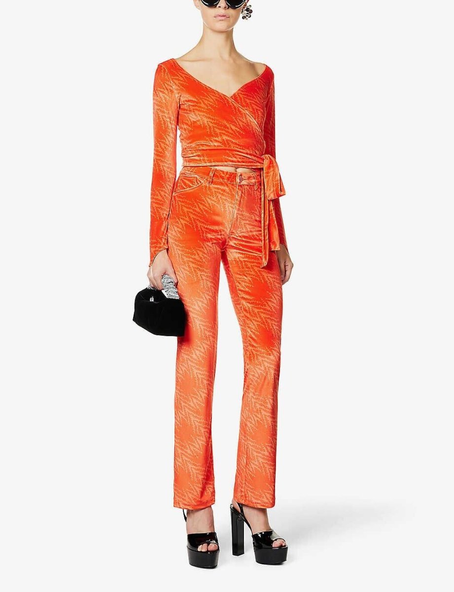 MAISIE WILEN Dramady Orange Abstract Print Velour Wrap Top - Imagen 4