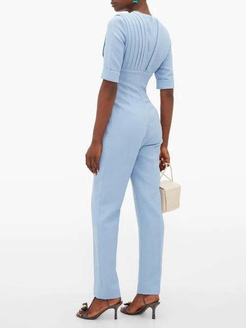 EMILIA WICKSTEAD Bella Pleated Bodice Powder Blue V-Neck Jumpsuit - Imagen 4