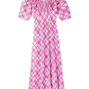RIXO London Mariana Pink Check Print Ruffle Neck Silk Midi Dress
