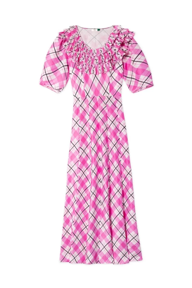 RIXO London Mariana Pink Check Print Ruffle Neck Silk Midi Dress