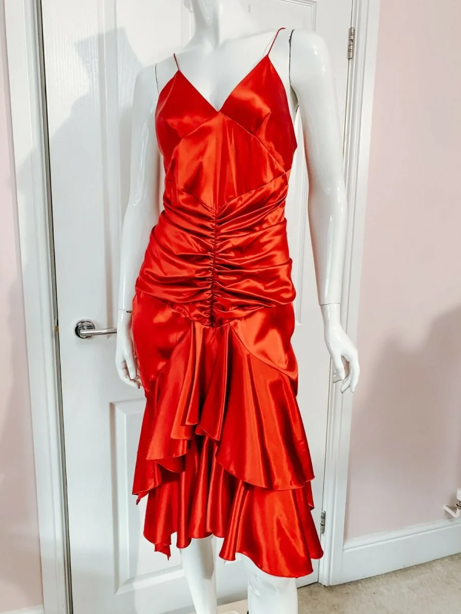 Alexandre Vauthier Ruby Red Ruched Strappy Silk Satin Dress - Imagen 5