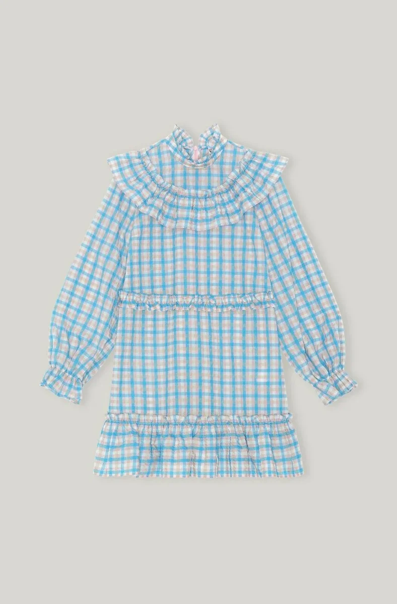 GANNI Prairie Pink Blue Gingham Check Seersucker Ruffle High Neck Dress - Imagen 7