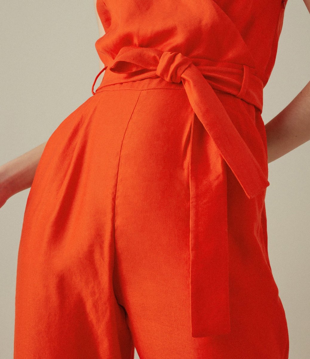 Karen Millen Orange Cinched Waist V Neck Linen Blend Jumpsuit - Imagen 4