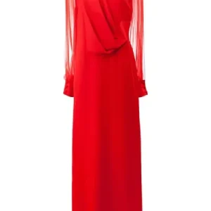 LANVIN Red Sheer Sleeve Drape Detail Long Gown