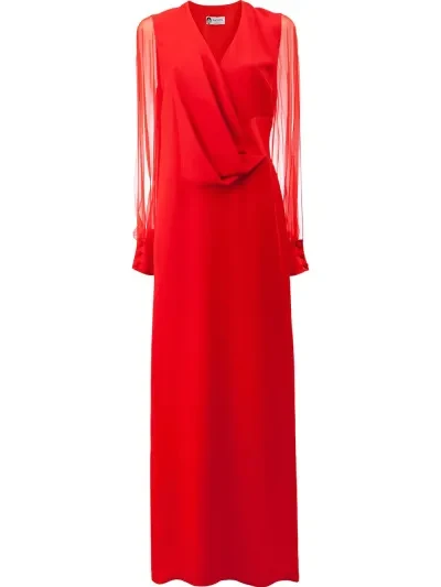 LANVIN Red Sheer Sleeve Drape Detail Long Gown - Imagen 2