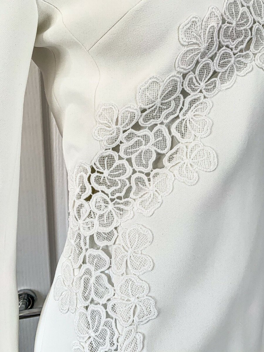 DAVID KOMA White Crepe Lace Macrame Trim Dress - Imagen 3